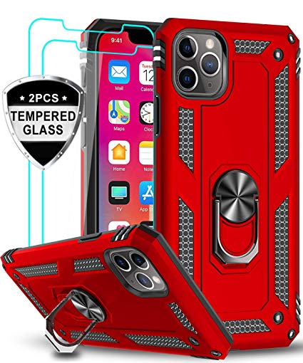 iPhone 11 Case with Tempered Glass Screen Protector [2 Pack], LeYi Military Grade Armor Phone Cover Case with Ring Magnetic Car Mount Kickstand for Apple iPhone 11 6.1 inch, Red