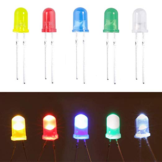 (100 Pcs) MCIGICM 5mm LED Light Diodes, Red/Green/Yellow/Blue/White LED Circuit Assorted Kit for Science Project Experiment