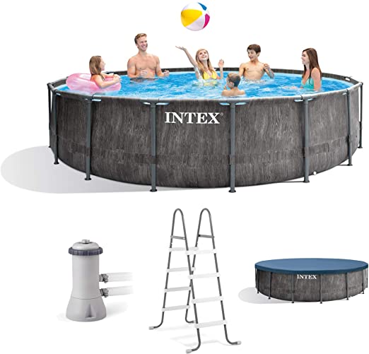 Intex 26741EH 15ft x 48in Greywood Premium Prism Steel Frame Outdoor Above Ground Swimming Pool Set with Cover, Ladder, Pump