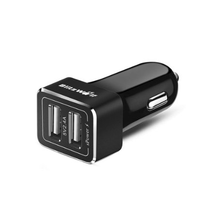 48A Dual USB Car Charger BlitzWolf 24W 24 Amp Max Each Portable Rapid Car Charger with Smart Power3S Technology for iPhone 6 6s Plus Samsung Galaxy S5 S6 Note 4 5 Sony Xperia Android Black