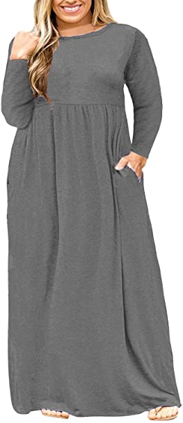 Nemidor Women Long Sleeve Loose Plain Casual Plus Size Long Maxi Dress with Pockets