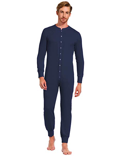 Zexxxy Men One Piece Pajama Button Down Long Sleeve Union Suit Sleepwear ZE329