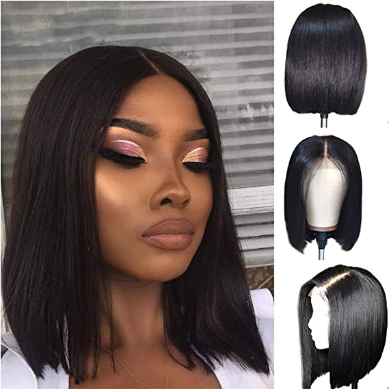 Bob Wig, 13x4 Short Lace Front Bob Wigs Straight Human Hair for Black Women Pre Plucked Hairline with Baby Hair 130% Brazilian Remy Hair (12", Nature Color)