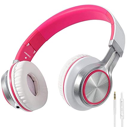 Biensound HW50C Headphones with Microphone and Volume Control Foldable Lightweight Headset for iPhone iPad Tablets Smartphones Laptop Computer PC Mp3/4 (White/Pink)