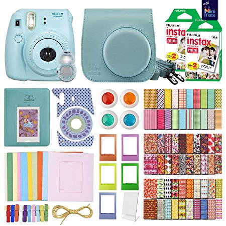 FujiFilm Instax Mini 8 Camera Blue   40 Instax Film   MiniMate® Accessory Bundle. Kit includes: Case, Frames, 64 page Photo Album, Selfie Lens, Colored Filters and more