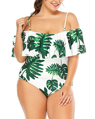 Wavely Woman One Piece Plus Size Flounce Off Shoulder Printed Monokini Swimsuits