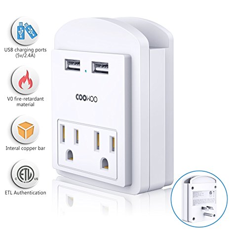 Multi USB Wall Outlet AC Outlet Socket Wall Mount Surge Protector with 2 AC Outlets and 2 USB Charging Ports (5V/2.4Ax2) USB Wall Outlets/Plug/Socekt for Home, School and Office - [ETL Listed]