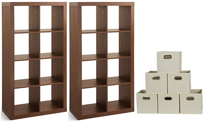 The Better Homes and Gardens Perfect Home Office 8-Cube Storage Organizer Bookcase with Fabric Storage Cube Bins, Vintage Walnut, Set of 2