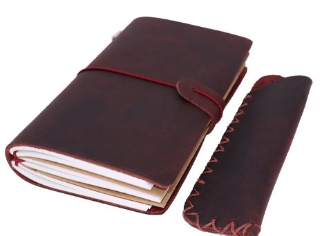 Sueroom--Personalized Style 100% Top Grain Latigo Leather Refillable Composition Journal Diary Cord Coptic bound + Pen Bag --Enjoy Wonderful Life--Wine