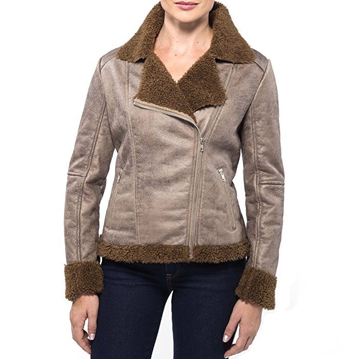 alpine swiss Eva Womens Faux Shearling Coat Asymmetrical Biker Jacket