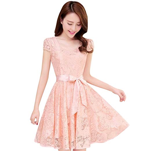Fedi Apparel Women's Korean Lace Floral Dress Short Sleeve V Neck Party Dress