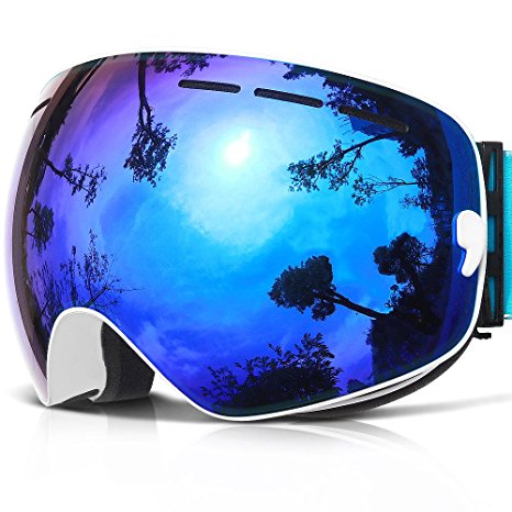 Ski Goggles,COPOZZ G1 Mens Womens Youth Ski Snowboard Snow Snowboarding Skiing Goggles,Over Glasses OTG Anti Fog &UV,Blue White REVO Mirror Lens