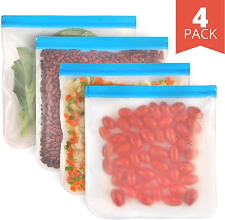 4 Pack - Reusable Storage Bags for Food - Durable and Leakproof For Home, Work and Travel - EXTRA THICK Gallon Size Reusable Baggies