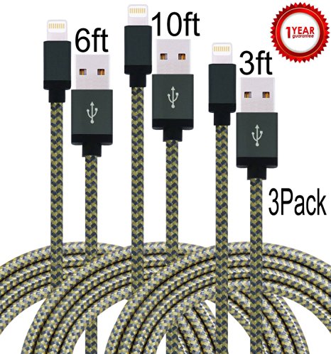 Aplenta 3-Pack 3ft 6ft 10ft 8 Pin Lightning to USB Cable Syncing and Charging Cable Cord for iphone SE,iPhone 6s, 6s , 6 , 6,5s 5c 5,iPad Mini, Air,iPad5,iPod on iOS9(gold&gray)
