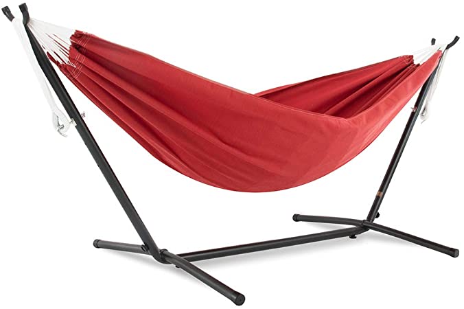 Vivere with Space Saving Steel Stand 9ft Double Sunbrella Hammock (450 lb Capacity-Premium Carry Bag Included), Crimson