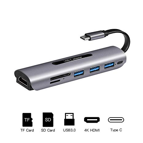 USB C Hub, 7 in 1 Type-C Adapter with 3 USB 3.0 Ports, TF/SD Card Reader, USB-C Power Delivery and 4K HDMI