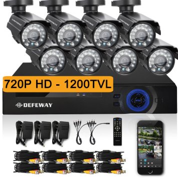 DEFEWAY 8 720P HD 1200TVL Surveillance Camera System 8 Channel 720P AHD CCTV DVR NO Hard Drive - Quick Remote Access Setup Free App - Outdoor Security Cameras with 100ft(30m) IR Night Vision