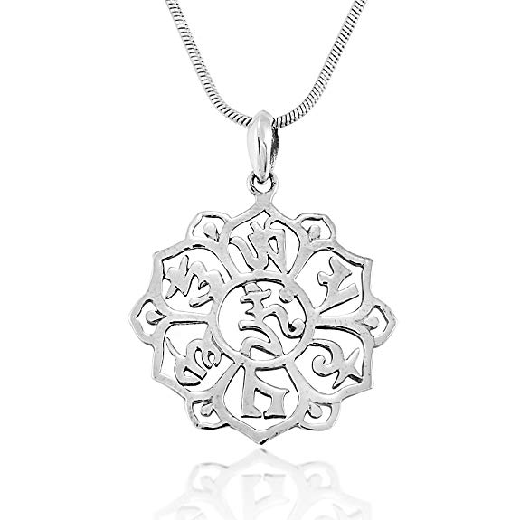 925 Sterling Silver Om Mani Padme Hum Pure Body and Mind Pendant on Alloy Necklace Chain, 18 inches