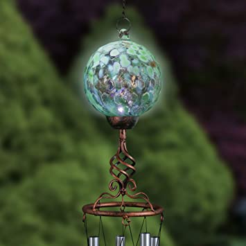 Exhart Solar Green Honeycomb Pearlized Glass Ball Wind Chimes - Honeycomb Ball Metal Wind Chimes w/LED Outdoor Lights – Honeycomb Glass Globe Bronze Finial 4.9" L x 4.9" W x 46.2" H