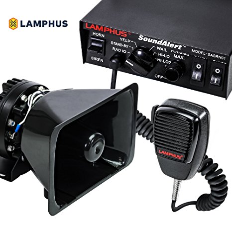 LAMPHUS SoundAlert 100 Watt 6 Mode Emergency Vehicle Warning Siren-Speaker PA System Set w/ Handheld Microphone & 2x 15A Light Control Switches