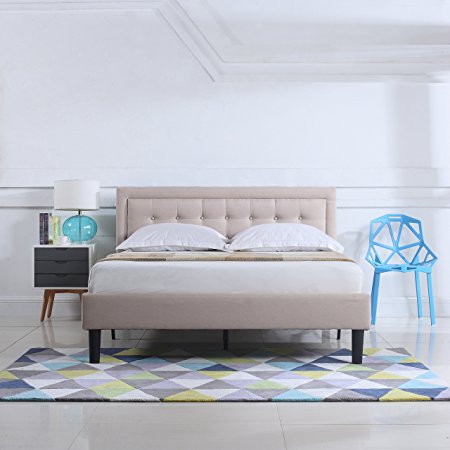 Divano Roma Furniture Classic Deluxe Linen Low Profile Platform Bed Frame with Nailhead Trim Headboard Design (King, Ivory)