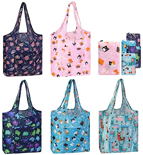 Reusable Grocery Bags Set 5 Pack Foldable, Washable Durable Waterproof Shopping Bag