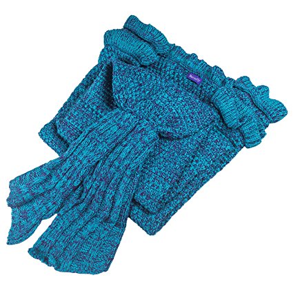 Girls Crochet Mermaid Tail Blanket Knitting Handcraft for Kids, All Seasons Sleeping Bag Blanket(55.1"x 27.6") (Lake Blue)
