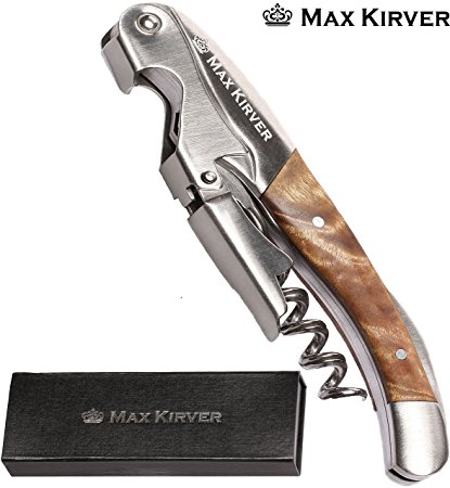 MAX KIRVER Wine Corkscrew – 3-In-1 Design with Waiters or Sommeliers Corkscrew, Foil Cutter & Bottle Opener – Double Hinged Design with Sturdy Stainless Steel & Rosewood Build – in Magnetic Lid Box
