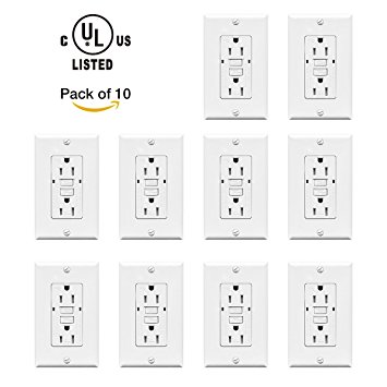 TOPELE GFCI Outlet TGA15 15Amp 125 Volt Tamper Resistant, Receptacle, 2 Indicators and Wall Plate Included, White, UL Listed, Pack of 10