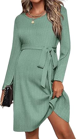 Ekouaer Womens Maternity Dress Rib Knit Long Sleeve Pregnancy Dresses Crewneck Pregnant Clothes with Belt