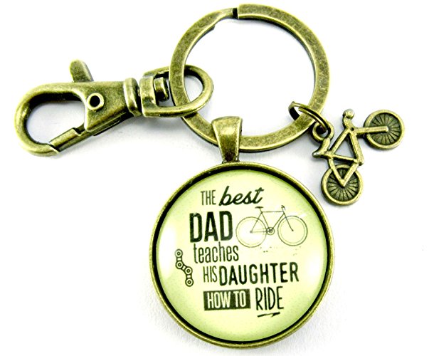 The Best Dad Teaches His Daughter How to Ride Cyclist Keychain Fathers Day Gifts to Dad From Daughter 1.20" Circle Glass Vintage Style Pendant Key Ring, Bicycle Charm
