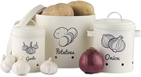 Navaris Potato Onion Garlic Storage Canisters (Set of 3) - Keeper Canister Tin Containers for Potatoes, Onions and Garlic - Vintage Look - Cream