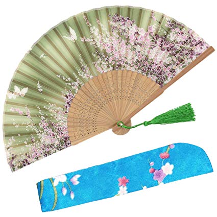 OMyTea Women Hand Held Silk Folding Fans with Bamboo Frame - with a Fabric Sleeve for Protection for Gifts - Sakura Cherry Blossom Pattern (WZS-6)