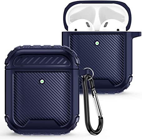 Hocase AirPod Case, Rugged Shockproof TPU 2-Piece Cover Skin Protective Case with Keychain (Front LED Visible) for AirPods 1st Generation 2017/AirPods 2nd Gerneration 2019 - Navy Blue