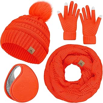 Winter Hat Scarf Gloves and Ear Warmer, Warm Knit Beanie Hat Touch Screen Gloves Set Winter Gifts Neck Scarves for Women