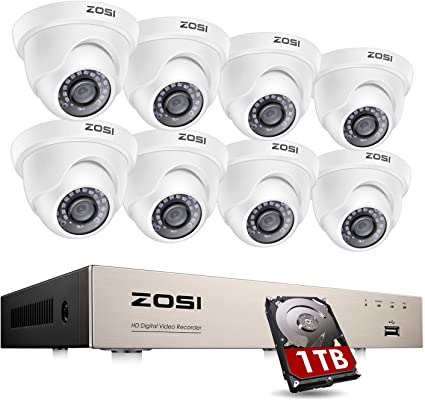 ZOSI 8CH 1080P Security Camera System with Hard Drive 1TB,H.265  8 Channel 5MP Lite HD-TVI DVR Recorder and 8pcs 1920TVL Weatherproof CCTV Dome Cameras Indoor Outdoor, 80ft Night Vision,Remote Access