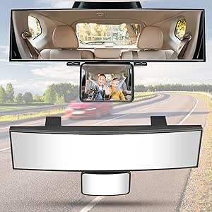 JOYTUTUS Car Rear View Mirror with Baby Mirror, Universal 11 Inch Panoramic Convex Rearview Mirror, Interior Clip-on Wide Angle Rear View Mirror to Reduce Blind Spot Effectively for Car SUV Trucks