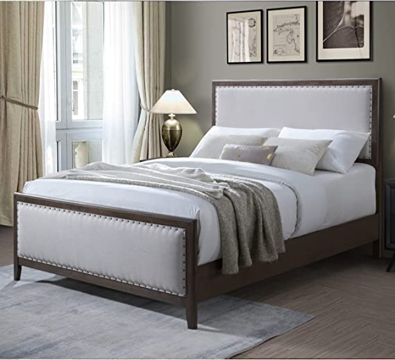 DG Casa Salerno Upholstered Solid Wood Platform Bed Frame with Nailhead Trim Adjustable Height Headboard and Full Wooden Slats Box Spring Not Required - Queen Size in Natural Fabric