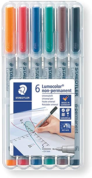 Staedtler Lumograph Non-Permanent Wet Erase Marker Pen, Super Fine Tip, Low Odor Colored Markers, 6-Pack Assorted Colors, 311-WP6