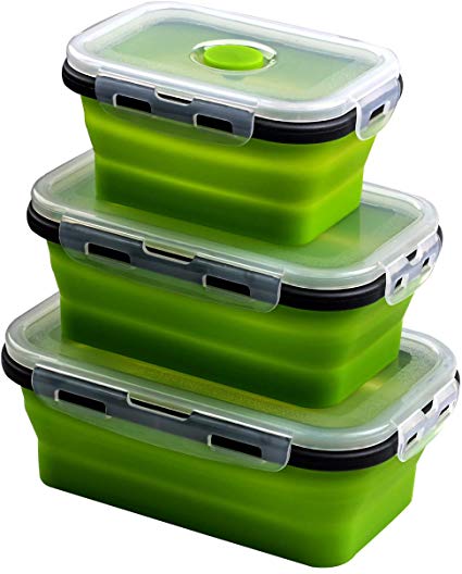 AOSMAN 3pcs Collapsible Silicone Food Storage Container for Outdoor Camping, Travel,Hiking and Indoor Home Kitchen,Office,School Student,Kitchen Microwave Freezer and Dishwasher Safe