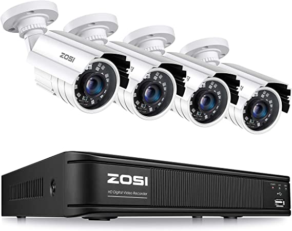 ZOSI 1080p H.265  Home Security Camera System, 5MP Lite 8 Channel CCTV DVR Recorder with 4 x 1920TVL Security Camera Outdoor Indoor, 80ft Night Vision, Remote Access, Motion Detection (No Hard Drive)