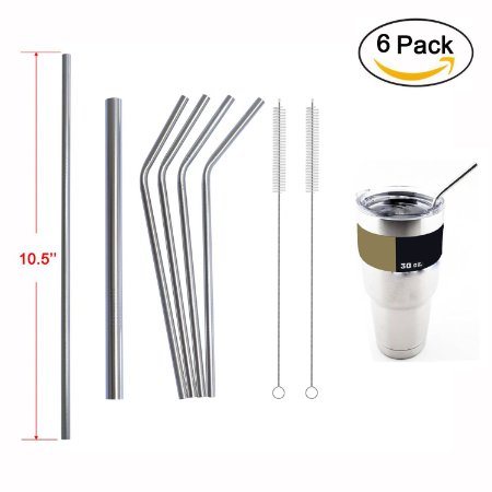 Ilyever 18/8 Stainless Steel Straws, Reusable 10.5inch Extra Long Set of 6 Drinking Straws (4 Bent,1 Extra Long,1 Extra Wide)for 20 & 30 OZ Yeti Tumbler - with 2 Cleaning Brushes