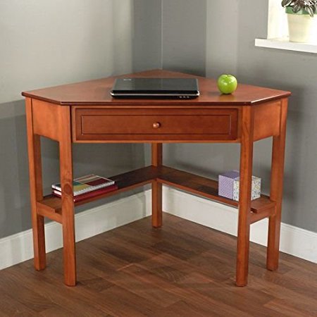 Cherry Wood Corner Computer Desk. This Laptop Desk Is Perfect For Small Computers And Space Saving Efficiency. Each Wood Desk Features A Single Drawer And Two Shelves For Convenient Storage. Add This Office Desk To Your Home Office Furniture.