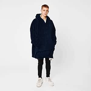 Sienna Hooded Blanket Oversized Ultra Plush Soft Sherpa Lining Fleece Wearable Warm Cosy Blanket Oversized Thermal Throw Hoodie for Men Boys Adults Women, One Size Fits All - Navy Blue