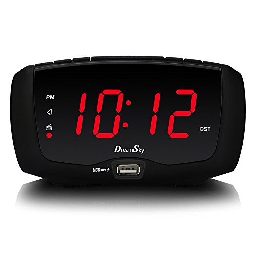 DreamSky Digital Alarm Clock Radio With FM Radio ,Dual USB Port , Headphone Jack, Snooze , Adjustable Alarm Volume ,1.4 " Large LED Number Display , Sleep Timer , DC Powered And Battery Back.