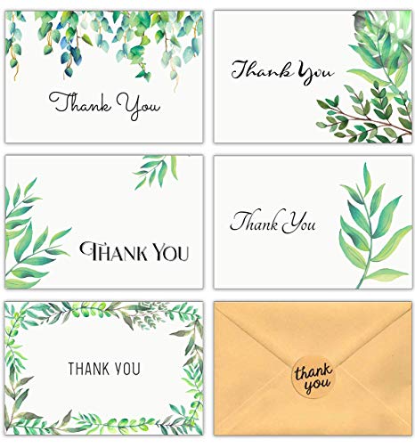 100 Thank You Cards with Envelopes and Stickers – White Kraft Paper Floral, Greenery Bulk Notes for Gratitude – 5 Design Cards for Wedding, Business, Formal, Baby Shower and All Occasions 4x6 Inch