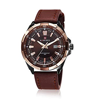 Neotrix NAVIFORCE Military Analog Leather Strap Mens Watch, 30M Water Resistant Sport Wrist Watch - Brown