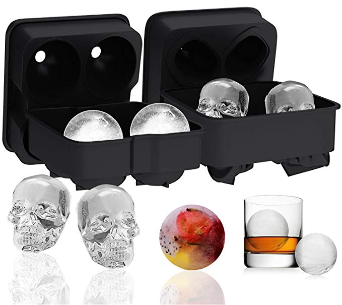 Ouddy 2 Pack Ice Ball Maker Skull Mold, Silicone Ice Cube Trays, Giant Black Skull & Round Ice Cube Maker with 2 Plastic Funnels for Whiskey Wine, Cocktails and Beverages