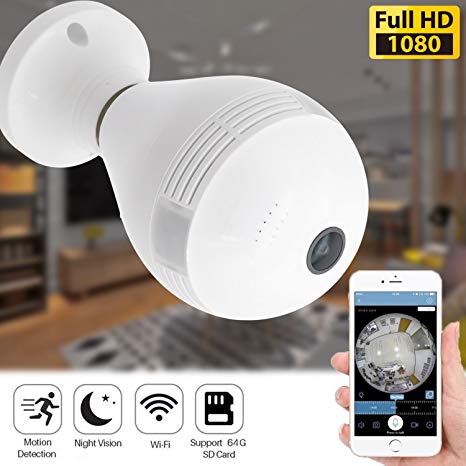 Wifi Security Hidden Bulb Camera - 360 Panoramic 1080p WIFI Light LED Bulb IP Camera Indoor Home Surveillance System with Remote View Motion Detection and Night Vision for iPhone/Android Phone
