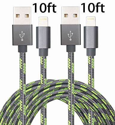 GOLDEN-NOOB 2Pack 10FT Nylon Braided Popular Lightning Cable 8Pin to USB Charging Cable Cord with Aluminum Heads for iPhone 6/6s/6 Plus/6s Plus/5/5c/5s/SE,iPad iPod Nano iPod Touch(Gray Green)